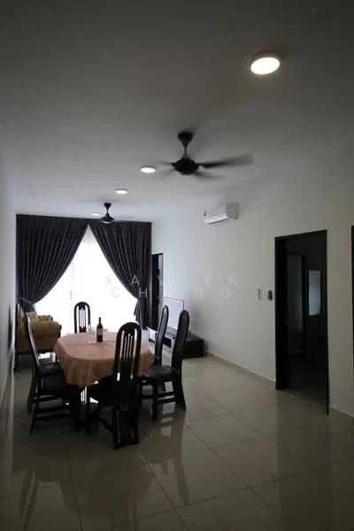 Dining features: round dining table, 6 dining chairs, ceiling fan, recessed downlights, floor-to-ceiling windows, curtains, cream painted walls, glossy tile flooring, air conditioning unit, decorative wall art; style: modern. Living features: sofa, coffee table, decorative cushions; style: modern.