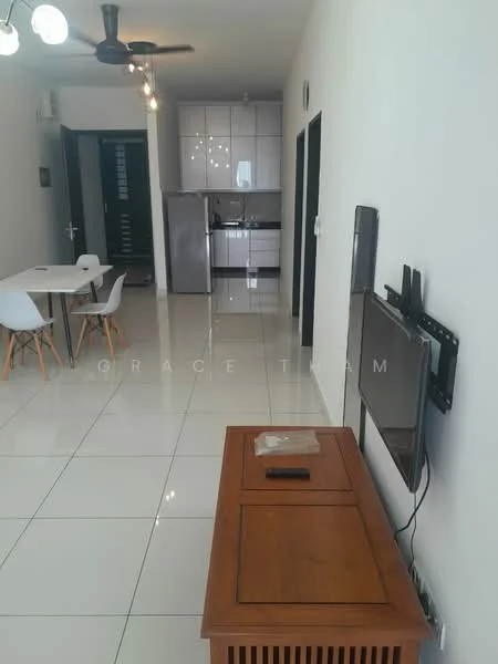Living features: white painted walls, glossy white tile flooring, 5-blade ceiling fan with light, wall-mounted TV, wooden coffee table, dining table with white surface and wooden legs, 4 dining chairs, refrigerator, kitchen cabinetry, stainless-steel sink, kitchen countertop; style: modern.