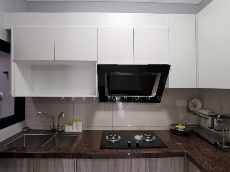 Kitchen features: white cabinetry with upper and lower storage, granite countertop, double-bowl stainless-steel sink, chrome pull-down faucet, built-in oven, gas hob with two burners, exhaust hood, tile backsplash, grey tiled flooring, kitchen utensils on countertop, wall-mounted storage for kitchen items; style: modern.