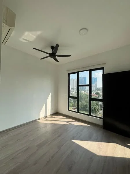Bedroom features: light wood laminate flooring, white painted walls, 5-blade ceiling fan with light, floor-to-ceiling windows, black wardrobe, city view; style: modern; view: city.
