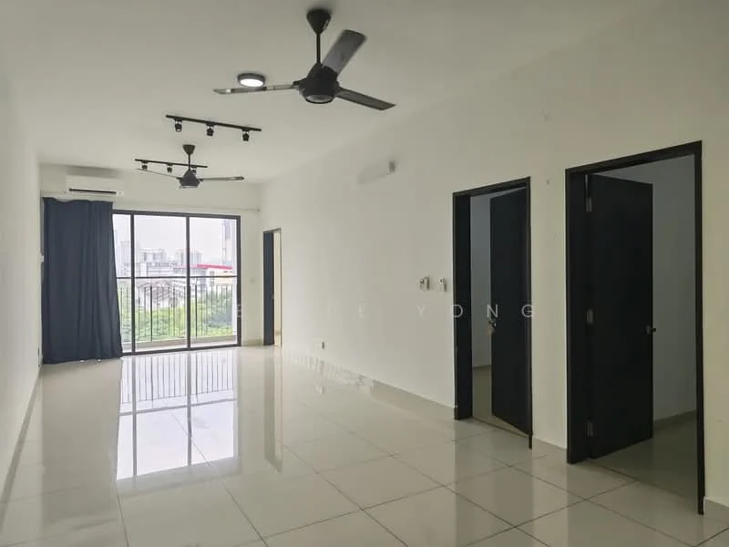 Living features: white painted walls, glossy ceramic tile flooring, 5-blade ceiling fan with light, recessed downlights, floor-to-ceiling windows, sliding glass door, blackout curtains, air conditioning unit, balcony access, neutral color scheme; style: modern; view: city.