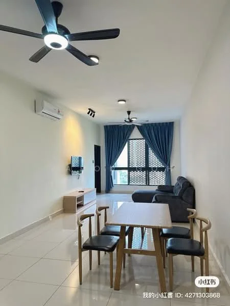 Living features: white painted walls, glossy tile flooring, 5-blade ceiling fan with integrated LED light, wall-mounted TV, sofa in dark grey, wooden coffee table, 2 black dining chairs, curtains in blue, air conditioning unit, track lighting; style: modern.