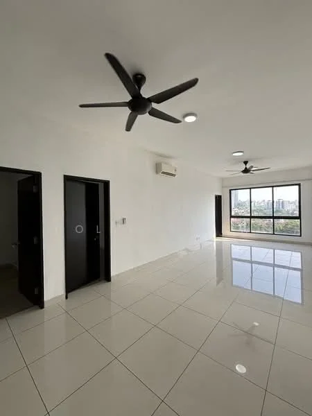 Room features: white painted walls, glossy white tile flooring, 2 ceiling fans, 1 wall-mounted split AC, large floor-to-ceiling window, city view, 2 black doors, recessed ceiling lights; style: modern; view: city.