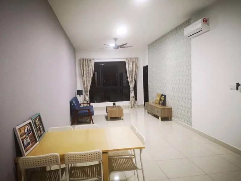 Living features: grey accent wall, white painted walls, glossy tile flooring, 5-blade ceiling fan with light, floor-to-ceiling windows, sheer curtains, air conditioning unit, wooden coffee table, framed artwork on wall, dining table with 6 chairs, decorative wall with patterned wallpaper; style: modern; view: city.