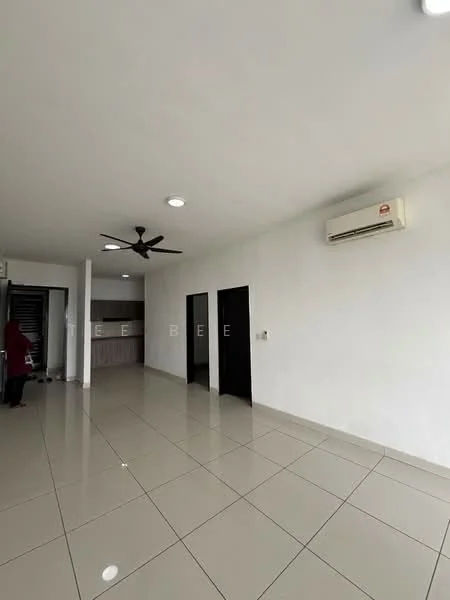 Living features: white painted walls, glossy ceramic tile flooring, 5-blade ceiling fan, 1 wall-mounted split AC, recessed downlights, large windows, open layout, neutral color scheme; style: modern. Kitchen features: kitchen cabinetry, countertop, open layout, unknown appliances; style: modern.