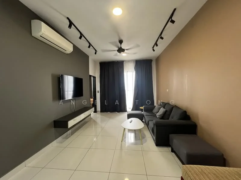 Living features: grey accent wall, beige painted wall, white tiled flooring, 5-blade ceiling fan with light, wall-mounted TV, white TV console, black fabric sofa, white coffee table, black ottoman, floor-to-ceiling curtains; style: modern.