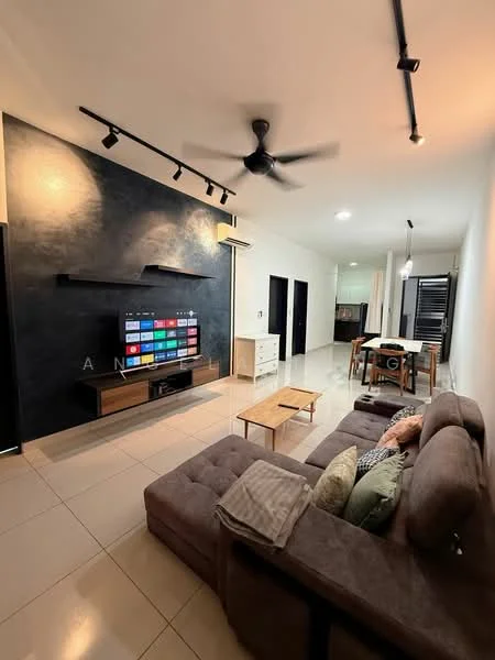 Living features: 3-seater fabric sofa in grey, coffee table, wall-mounted TV, TV console, recessed downlights, ceiling fan, cream painted walls, tile flooring, decorative cushions, open shelving unit, dining table with chairs in background; style: modern.