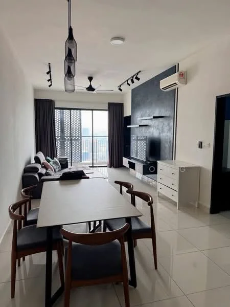 Living features: 5-blade ceiling fan with light, wall-mounted TV, sofa in grey fabric, dining table with 6 chairs, white sideboard, black accent wall, floor-to-ceiling windows, curtains in dark grey, recessed downlights, polished ceramic tile flooring, decorative cushions; style: modern; view: city.