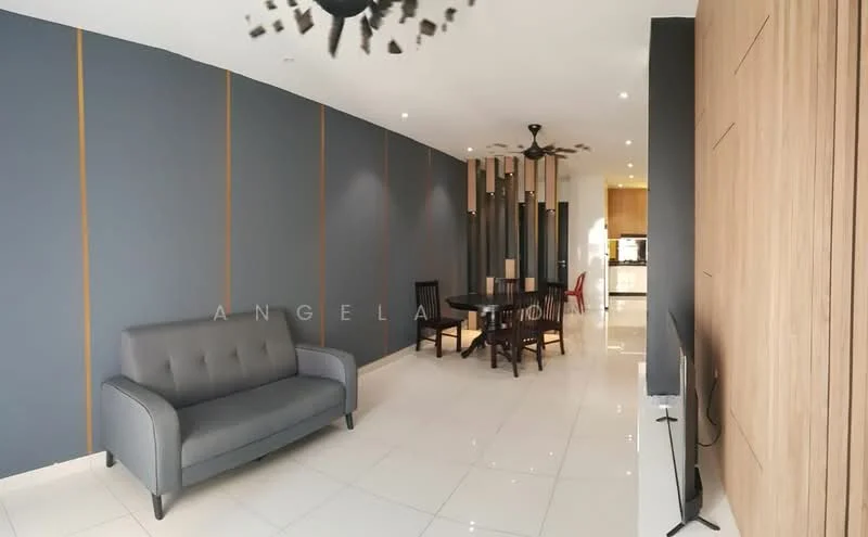 Living features: grey fabric 3-seater sofa, dining table with 4 chairs, white tiled flooring, blue painted walls with gold accent strips, ceiling fan with light, wall-mounted TV, recessed lighting, open layout to kitchen, decorative wall paneling; style: modern.