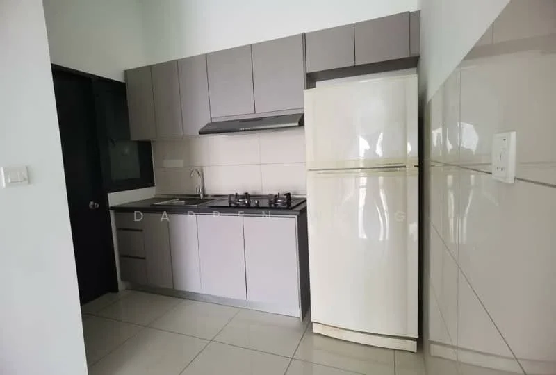 Kitchen features: grey flat-panel cabinets, white countertop, stainless-steel sink, chrome pull-down faucet, 4-burner gas hob, built-in range hood, stainless-steel fridge, ceramic tile flooring, white tiled backsplash, wall-mounted cabinets, open shelving, recessed downlights; style: modern.