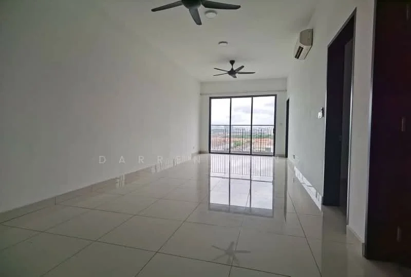 Living features: white painted walls, glossy ceramic tile flooring, 2 ceiling fans, floor-to-ceiling windows, sliding glass door, balcony access, natural light, city view; style: modern; view: city.