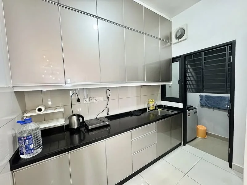 Kitchen features: grey high-gloss cabinetry, black granite countertop, stainless-steel kettle, built-in sink, single-bowl stainless-steel sink, chrome faucet, white tiled backsplash, ceramic tile flooring, refrigerator, window with black frame, wall-mounted air conditioning unit, under-cabinet lighting; style: modern.