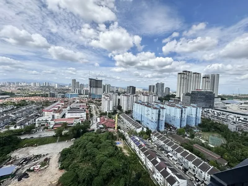 Exterior type: high-rise condominium; features: city skyline view, mixed-use development, surrounded by greenery, multiple high-rise buildings, residential blocks, commercial buildings, open land area, urban landscape, cloudy sky, well-developed infrastructure; style: modern.