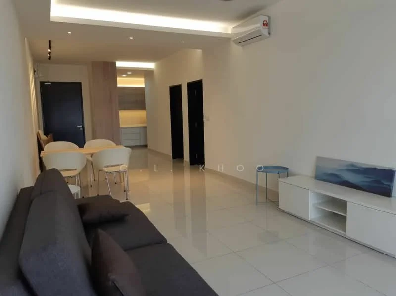 Living features: grey fabric sofa, white coffee table, wall-mounted TV console, flat-screen TV, recessed ceiling lights, 1 wall-mounted split AC, white tiled flooring, neutral painted walls, decorative wall art, dining area with 4 white chairs and round table; style: modern.