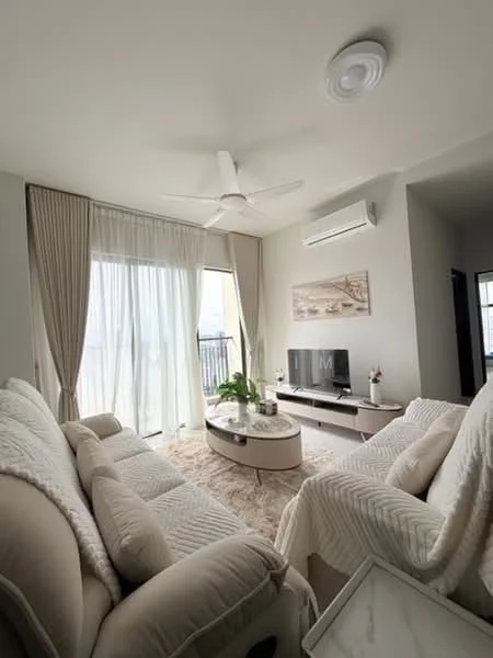 Living features: 3-seater fabric sofa in beige, 2-seater fabric sofa in beige, coffee table, TV console, wall-mounted TV, area rug with geometric pattern, 5-blade ceiling fan with light, floor-to-ceiling windows, sheer curtains, air conditioning unit, decorative wall art, light-colored walls; style: modern; view: city.