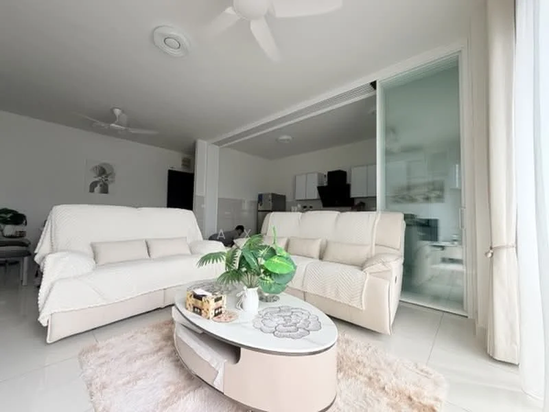 Living features: 2-seater leather sofa in cream, 3-seater leather sofa in cream, round coffee table with floral design, area rug with soft texture, floor-to-ceiling sliding glass door, white sheer curtains, ceiling fan with light, white painted walls, glossy tile flooring; style: modern.