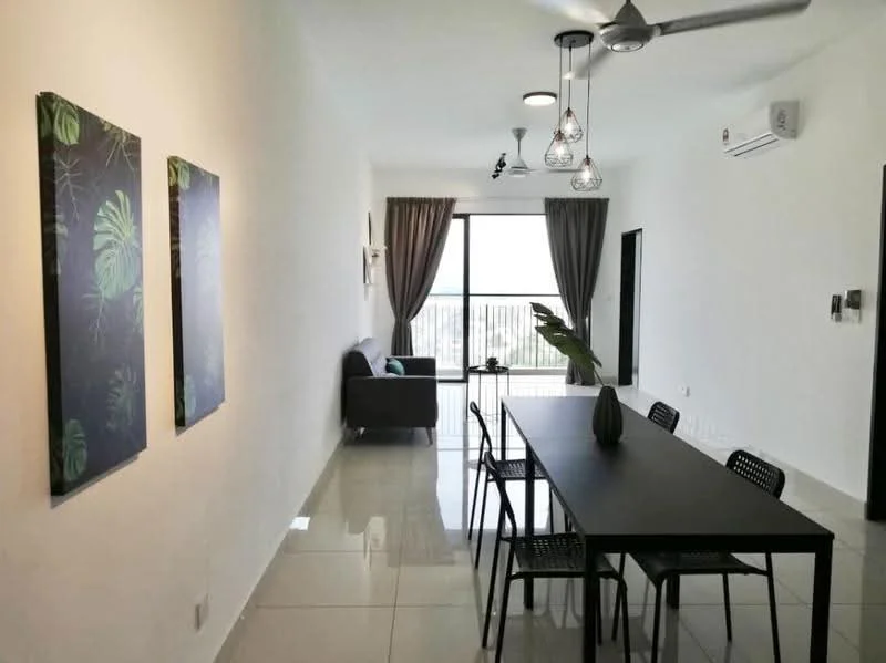 Dining features: white painted walls, glossy tile flooring, 5-blade ceiling fan with light, dining table with black finish, black dining chairs, decorative wall art with plant motifs, floor-to-ceiling windows, curtains, sofa in grey fabric, air conditioning unit on wall; style: modern; view: city.
