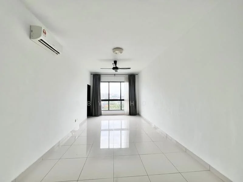 Living features: white painted walls, glossy white tile flooring, 5-blade ceiling fan with light, 1 wall-mounted split AC, floor-to-ceiling windows, grey sheer curtains, natural light from window, open layout; style: modern; view: city.