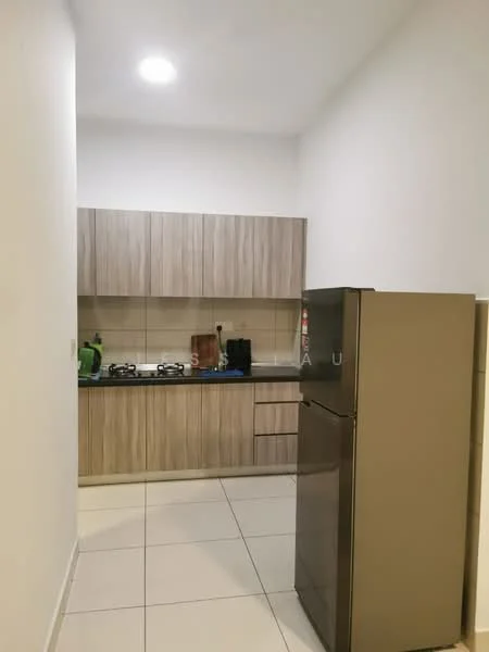 Kitchen features: laminate cabinetry in light wood finish, black granite countertop, stainless-steel fridge, 4-burner gas hob, built-in oven, white tiled backsplash, ceramic tile flooring, recessed ceiling lights; style: modern.