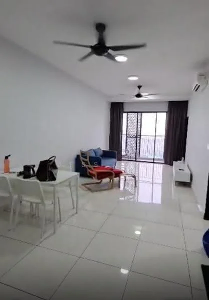 Living features: white painted walls, glossy tile flooring, 5-blade ceiling fan with light, recessed downlights, floor-to-ceiling windows, sliding glass door, curtains, sofa in blue, wooden armchair, dining table with 4 chairs, TV console, air conditioning unit; style: modern.