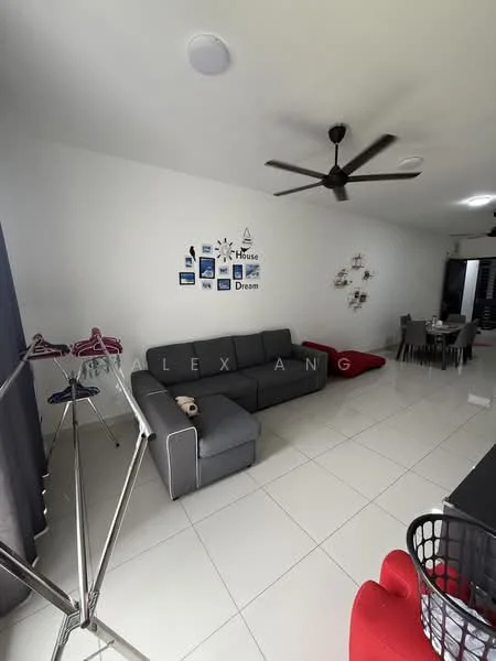 Living features: grey fabric L-shape sectional sofa, white painted walls, white tiled flooring, 5-blade ceiling fan, wall-mounted artwork, decorative wall clock, black dining chairs, dining table, folding clothes rack, area rug, curtains, recessed ceiling lights; style: modern.