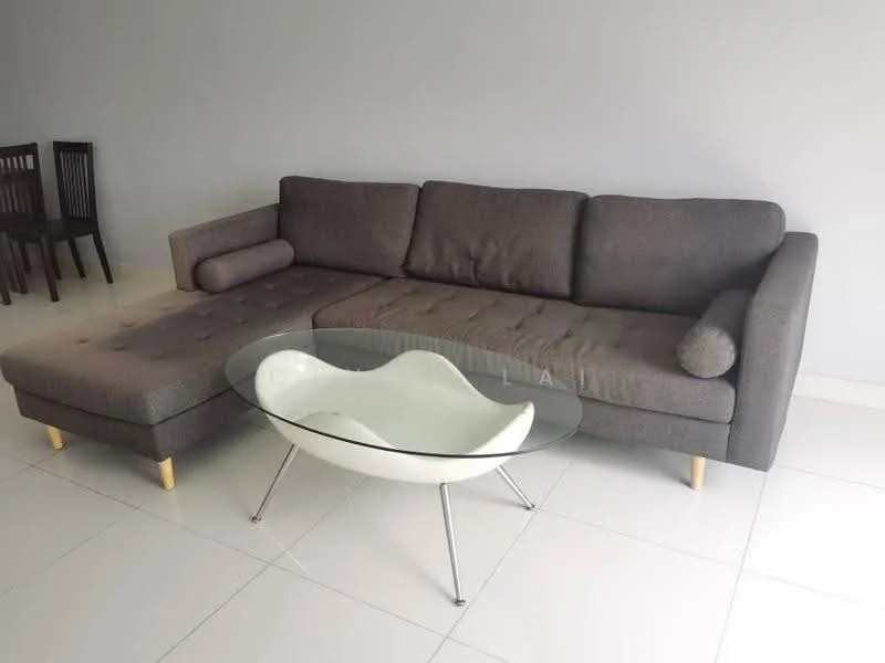 Living features: L-shape sectional sofa in grey fabric, glass coffee table with unique shape, white walls, glossy white tile flooring, light-colored baseboards, floor-to-ceiling windows, minimalist decor, neutral color palette; style: modern.