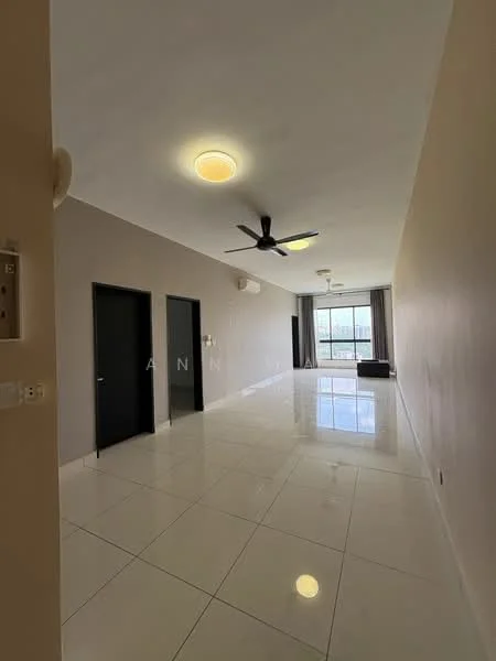 Living features: white painted walls, grey accent wall, polished ceramic tile flooring, 5-blade ceiling fan with light, recessed downlights, floor-to-ceiling windows, sliding glass door, curtains, sofa, coffee table, TV console; style: modern; view: city.