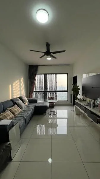 Living features: L-shape sectional sofa in dark grey, decorative cushions, coffee table, wall-mounted TV, TV console, floor-to-ceiling windows, sheer curtains, recessed downlights, 5-blade ceiling fan with light, glossy white tile flooring, plant in ceramic pot, decorative wall art, neutral painted walls; style: modern; view: city.