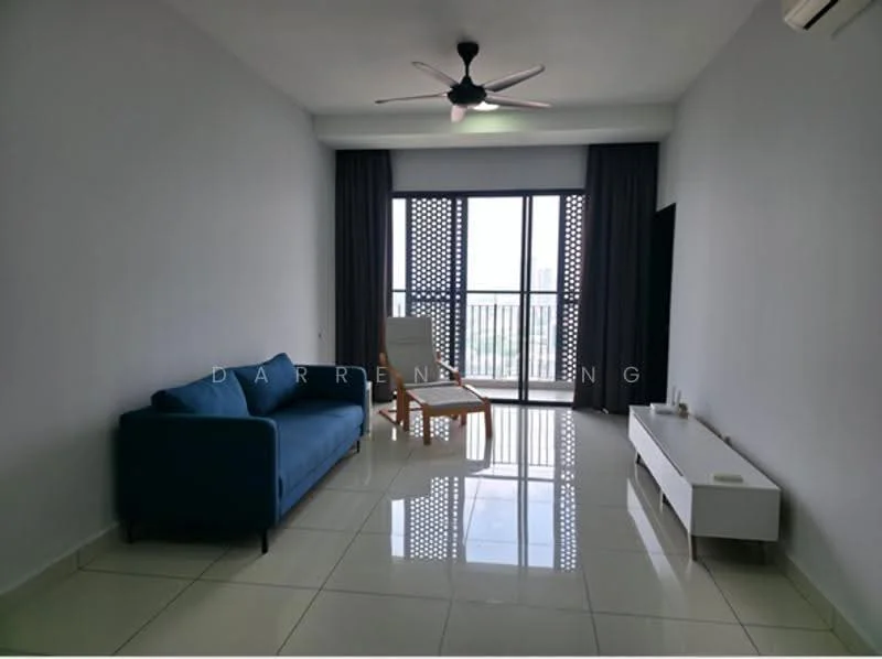 Living features: 3-seater fabric sofa in blue, white TV console, floor-to-ceiling windows, grey curtains, white walls, polished tile flooring, ceiling fan with light, decorative chair; style: modern; view: city.