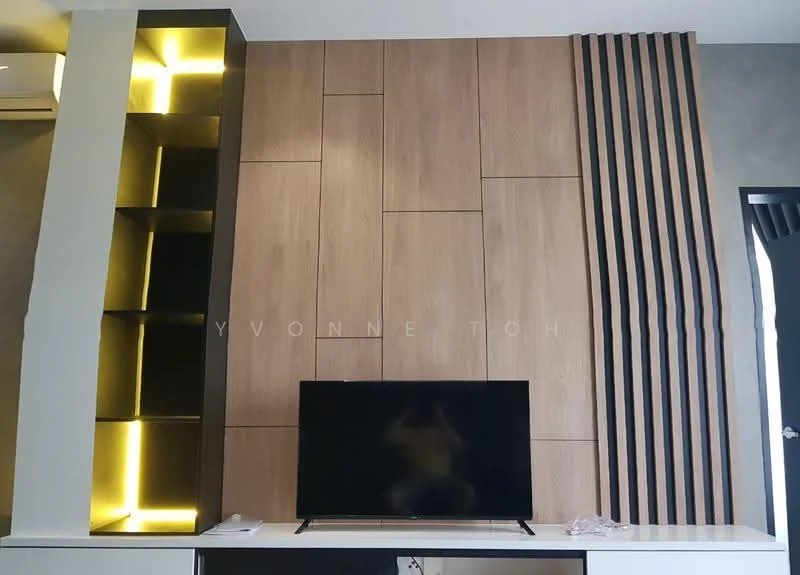 Living features: feature wall with wood paneling, black TV console, wall-mounted TV, built-in shelving unit with LED lighting, vertical wooden slats, grey painted walls, air conditioning unit, recessed lighting; style: modern.