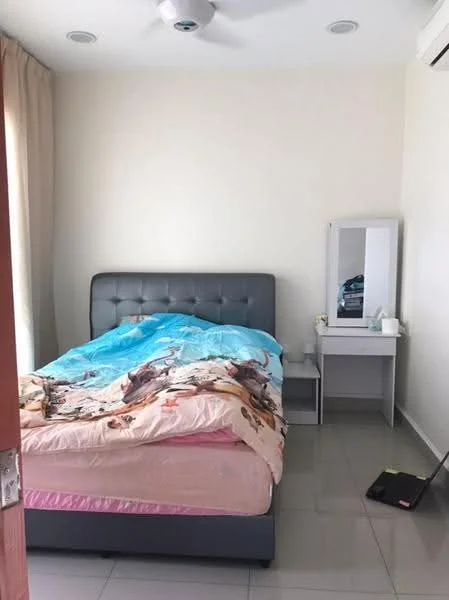 Bedroom features: king-size bed with grey upholstered headboard, light blue bedding, white walls, ceiling fan, window with sheer curtains, mirror on dresser, white dresser with drawers, tile flooring, nightstand with drawer, decorative wall art; style: modern.