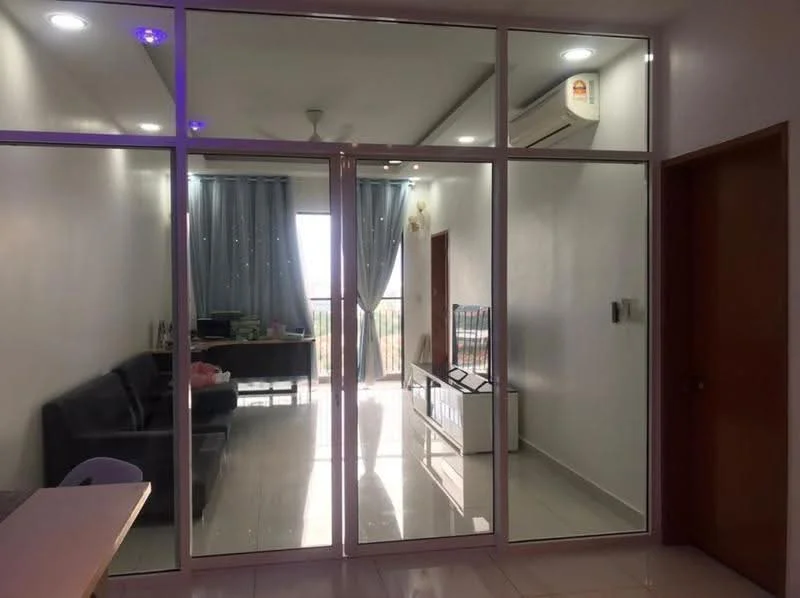 Living features: grey leather sofa, white walls, recessed downlights, floor-to-ceiling windows, curtains with sheer fabric, air conditioning unit, light-colored tile flooring, decorative wall art; style: modern; view: city. Room features: glass partition, white painted walls, light fixtures.