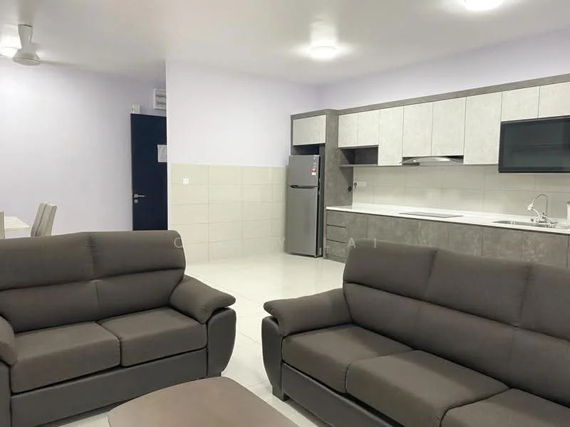 Living features: 2-seater fabric sofa in grey, 3-seater fabric sofa in grey, coffee table, refrigerator, kitchen cabinetry with grey finish, white countertop, stainless-steel sink, chrome pull-down faucet, wall-mounted light fixtures, white tiled flooring, painted walls in light purple, ceiling fan; style: modern.
