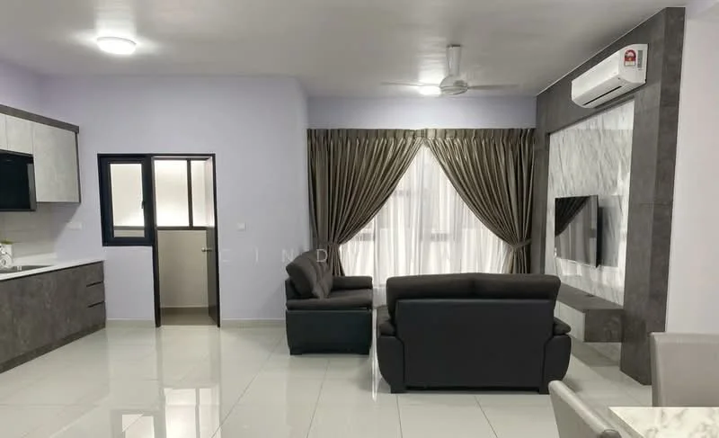 Living features: grey fabric 3-seater sofa, black fabric 2-seater sofa, white walls, light grey ceiling, recessed downlights, floor-to-ceiling windows, sheer curtains, wall-mounted TV, mirror feature wall, air conditioning unit, glossy white tile flooring; style: modern. Kitchen features: grey cabinetry, black countertop, built-in oven, stainless-steel sink, single-bowl stainless-steel sink, chrome pull-down faucet, white walls, glossy white tile flooring; style: modern.