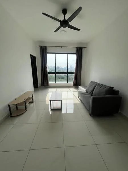 Living features: grey fabric sofa, coffee table, floor-to-ceiling windows, curtains, white painted walls, glossy ceramic tile flooring, ceiling fan with light, natural light from windows; style: modern; view: city.