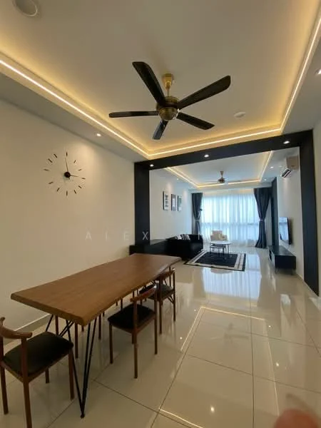 Living features: 5-blade ceiling fan with light, recessed LED downlights, white painted walls, glossy ceramic tile flooring, floor-to-ceiling windows, black sofa, coffee table, area rug, dining table with wooden surface, 4 dining chairs, black accent wall, curtains, wall clock; style: modern; view: city.