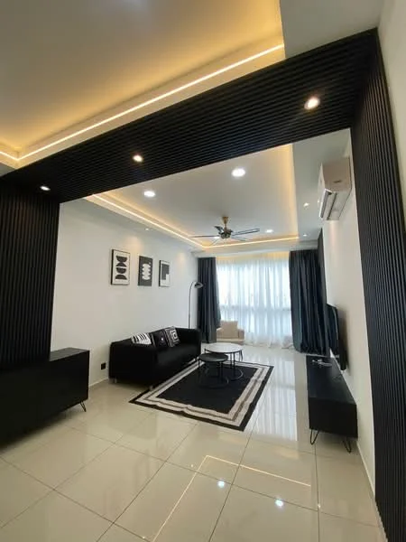 Living features: black fabric sofa, white coffee table, black TV console, wall-mounted TV, area rug with geometric pattern, 5-blade ceiling fan with light, recessed LED downlights, floor-to-ceiling windows, black curtains, white walls, black accent wall with vertical slats, glossy tile flooring; style: modern.