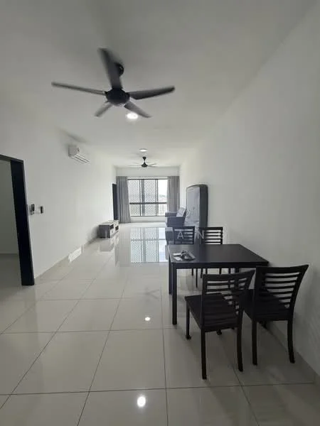 Living features: white painted walls, glossy ceramic tile flooring, 5-blade ceiling fan with light, wall-mounted split AC, floor-to-ceiling windows, blackout curtains, dining table with 4 chairs, sofa, TV console, decorative wall art; style: modern.