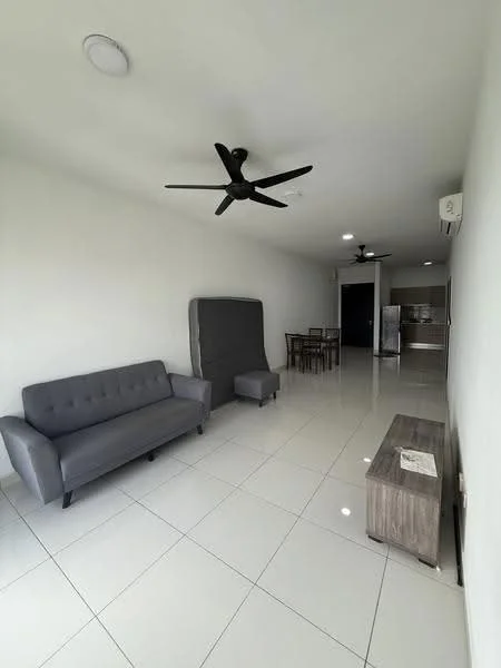 Living features: grey fabric 3-seater sofa, grey fabric armchair, wooden coffee table, white painted walls, glossy white tile flooring, 2 ceiling fans, recessed lighting, air conditioning unit, dining table with chairs in background; style: modern.