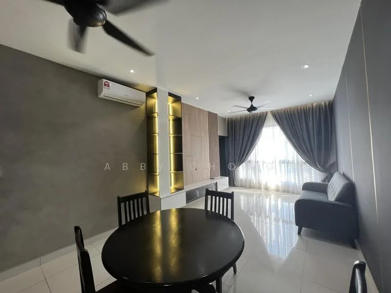 Living features: grey accent wall, white painted walls, polished tile flooring, 5-blade ceiling fan, floor-to-ceiling windows, sheer curtains, blackout curtains, sofa in grey, dining table with 4 chairs, built-in cabinetry with lighting, air conditioning unit; style: modern; view: city.