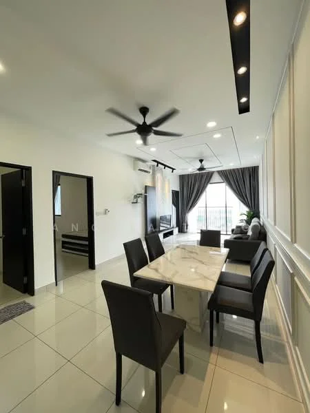 Dining features: marble dining table, 6 upholstered dining chairs, 5-blade ceiling fan with light, white painted walls, recessed LED downlights, floor-to-ceiling windows, grey curtains, tile flooring, wall-mounted TV, decorative wall paneling; style: modern; view: city. Room features: white painted walls, tile flooring, recessed LED downlights, 1 wall-mounted split AC.