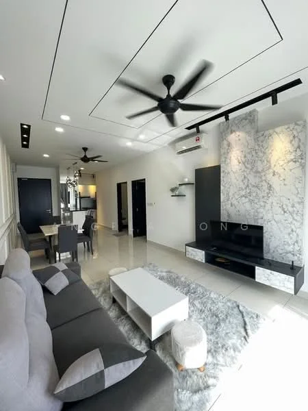 Living features: 5-blade ceiling fan with integrated LED light, grey fabric sofa with cushions, white coffee table, area rug with fluffy texture, wall-mounted TV, marble feature wall, recessed ceiling lights, sliding glass door, decorative shelf, open-plan layout leading to dining area; style: modern. Dining features: 6-seater dining table, black dining chairs, pendant lighting above table, open layout to living area; style: modern.