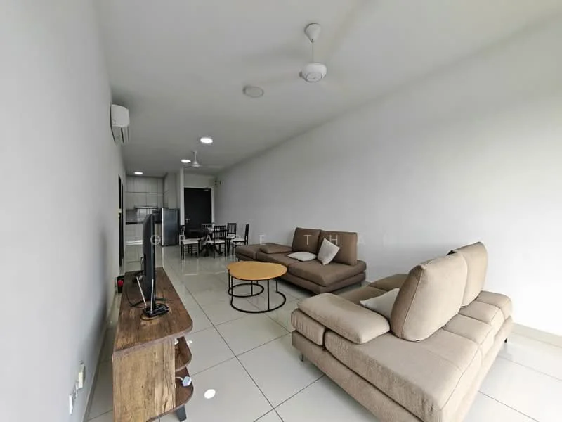 Living features: light grey painted walls, white ceiling, floor-to-ceiling windows, 3-seater fabric sofa in beige, coffee table with round top, TV console, wall-mounted TV, 2-blade ceiling fan, ceramic tile flooring, dining table with chairs, open layout, air conditioning unit; style: modern.