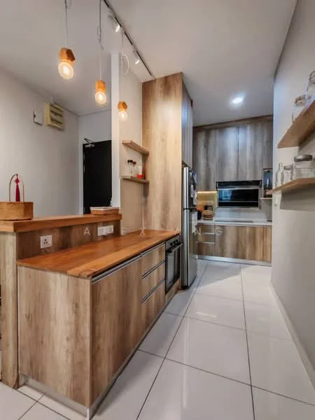 Kitchen features: wood cabinetry, white quartz countertop, stainless-steel fridge, built-in oven, 4-burner gas hob, single-bowl stainless-steel sink, chrome pull-down faucet, open shelving, pendant lighting, white tiled flooring, grey accent wall, wall-mounted microwave; style: modern.