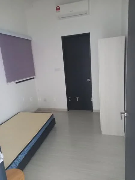 Bedroom features: single bed frame without mattress, light grey walls, laminate flooring, window with purple roller blinds, wall-mounted air conditioning unit, dark wooden door, white wardrobe, minimalist decor; style: modern.