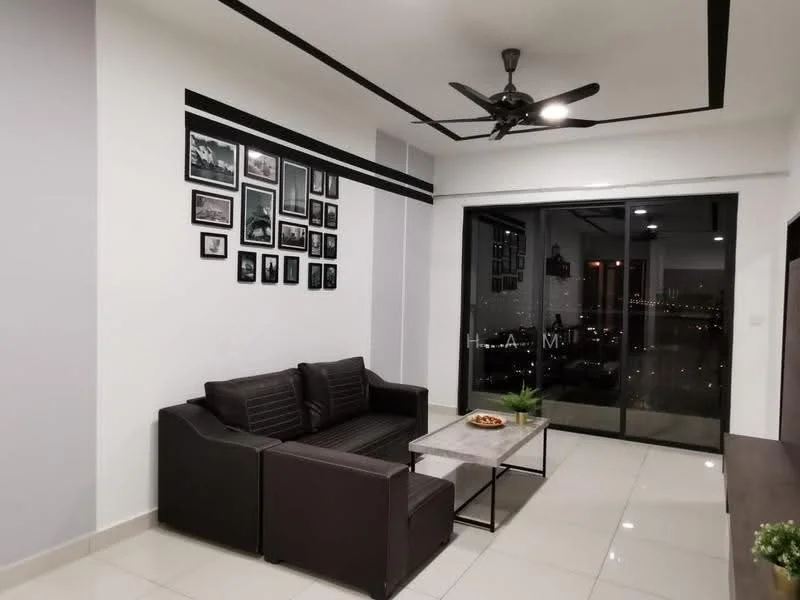 Living features: black leather sofa, glass coffee table, white walls, grey accent wall, recessed ceiling with black trim, 5-blade ceiling fan with light, floor-to-ceiling windows, city skyline view, framed wall art, decorative plant on table, tile flooring; style: modern; view: city.