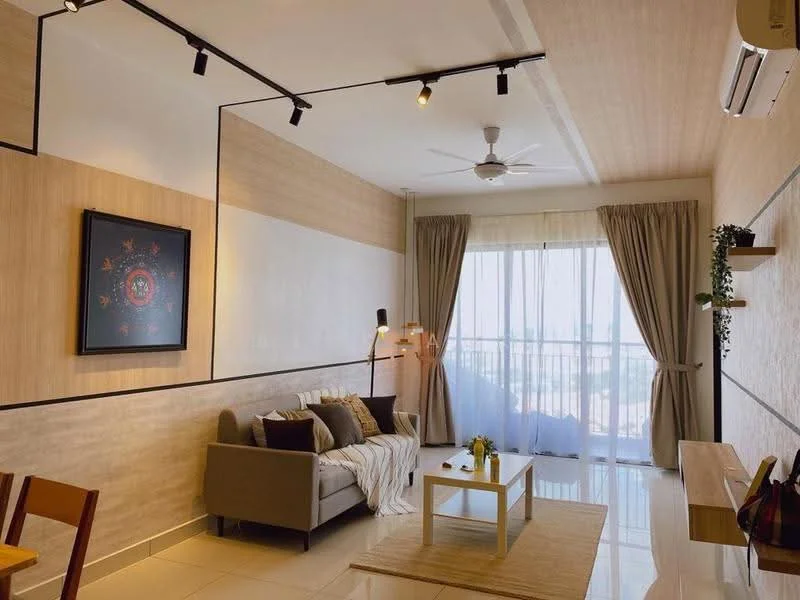 Living features: 3-seater fabric sofa in grey, decorative throw pillows, coffee table, area rug, floor-to-ceiling windows, sheer curtains, ceiling fan, recessed downlights, wall-mounted artwork, wooden side table, TV console, wall-mounted TV, decorative plant; style: modern; view: city.