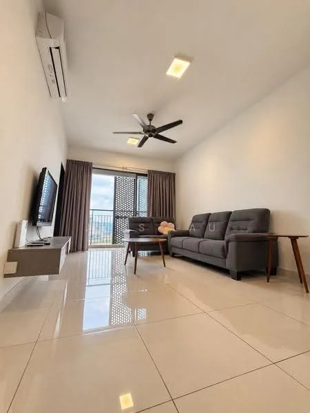 Living features: 3-seater fabric sofa in grey, wooden coffee table, wall-mounted TV, TV console, 5-blade ceiling fan with light, recessed LED downlights, floor-to-ceiling windows, curtains, glossy tile flooring, air conditioning unit; style: modern; view: city.