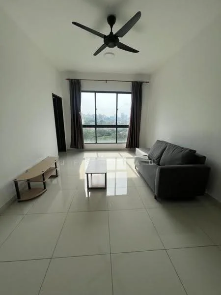 Living features: grey fabric sofa, coffee table, floor-to-ceiling windows, sheer curtains, white painted walls, tile flooring, ceiling fan, recessed ceiling light; style: modern; view: city.