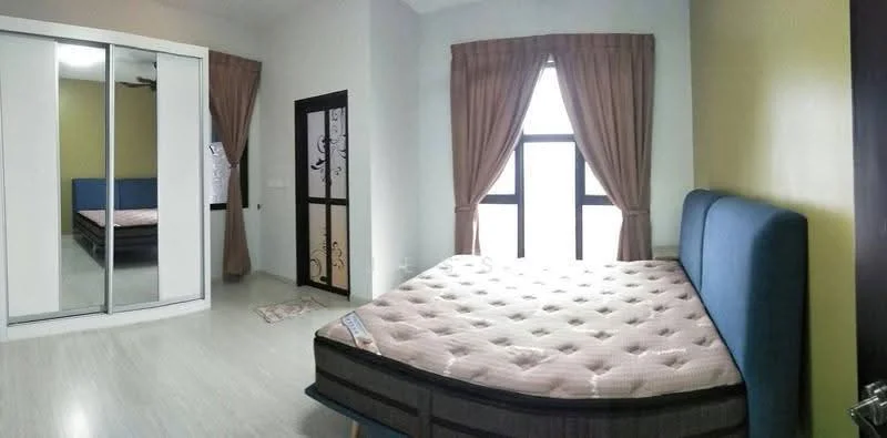 Bedroom features: queen-size bed with mattress, upholstered headboard in blue, built-in wardrobe with sliding mirror doors, floor-to-ceiling window, curtains in light brown, light grey painted walls, laminate flooring, ceiling fan, decorative wall panel, area rug; style: modern.